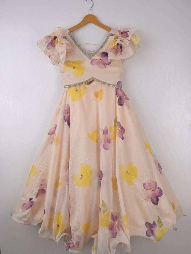 Organza light cream color floral printed lehenga