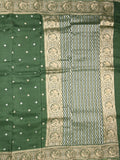 Tabby silk fancy saree bottle green color allover zari motifs & zari border with rich pallu and plain blouse
