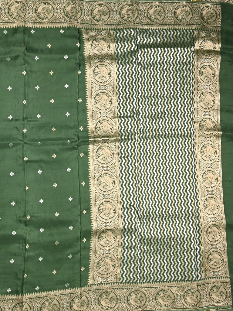 Tabby silk fancy saree bottle green color allover zari motifs & zari border with rich pallu and plain blouse