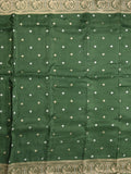 Tabby silk fancy saree bottle green color allover zari motifs & zari border with rich pallu and plain blouse