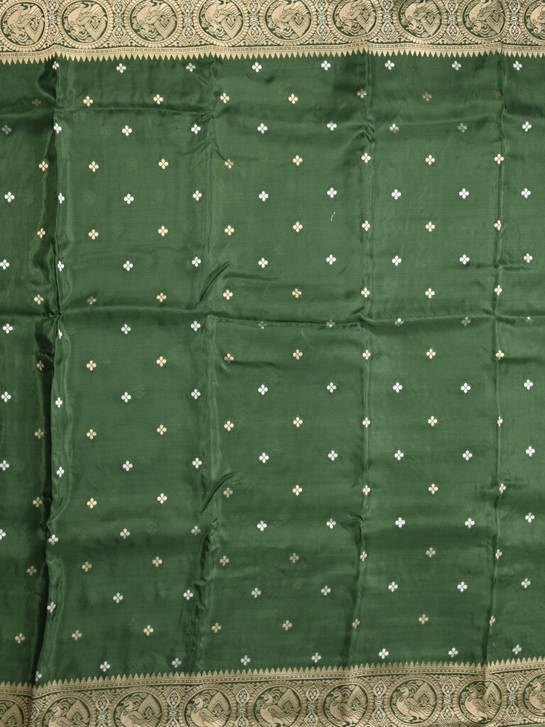 Tabby silk fancy saree bottle green color allover zari motifs & zari border with rich pallu and plain blouse