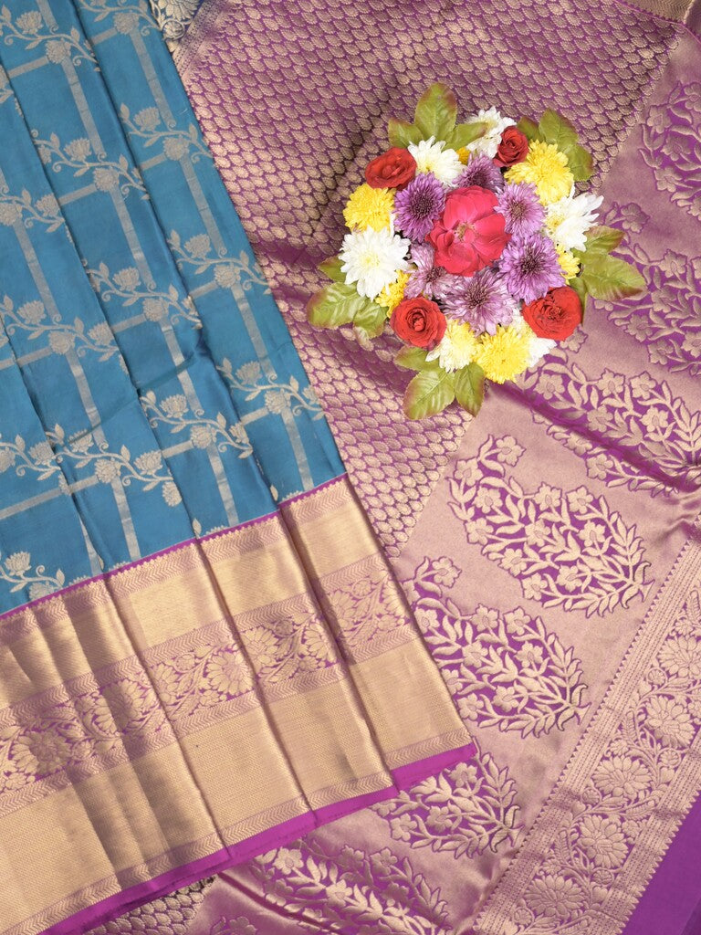 Kanchi pattu saree sky blue color allover zari weaves & zari border with rich pallu and contrast plain blouse