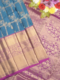 Kanchi pattu saree sky blue color allover zari weaves & zari border with rich pallu and contrast plain blouse