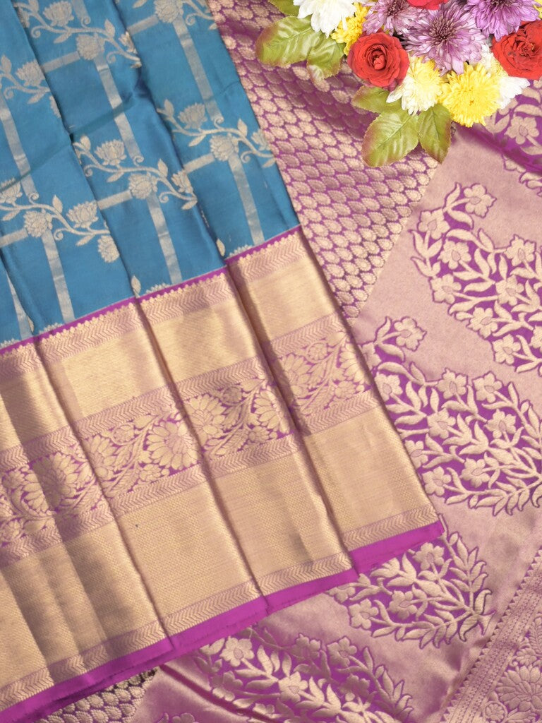 Kanchi pattu saree sky blue color allover zari weaves & zari border with rich pallu and contrast plain blouse