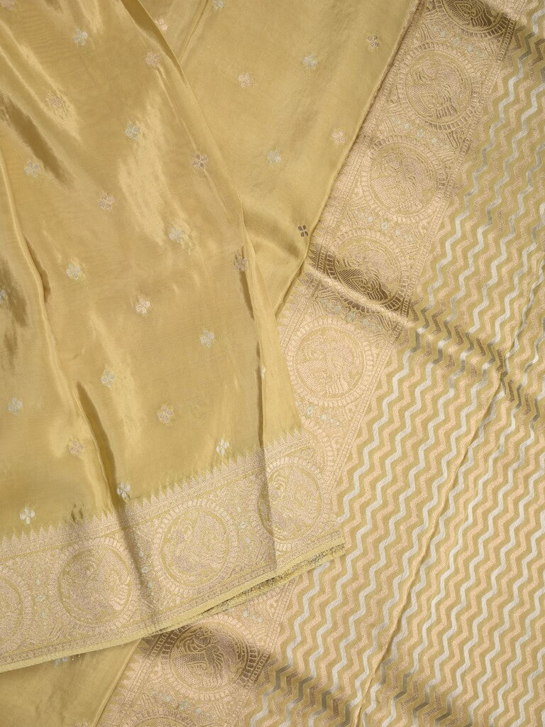 Tabby silk fancy saree beige color allover zari motifs & zari border with rich pallu and plain blouse