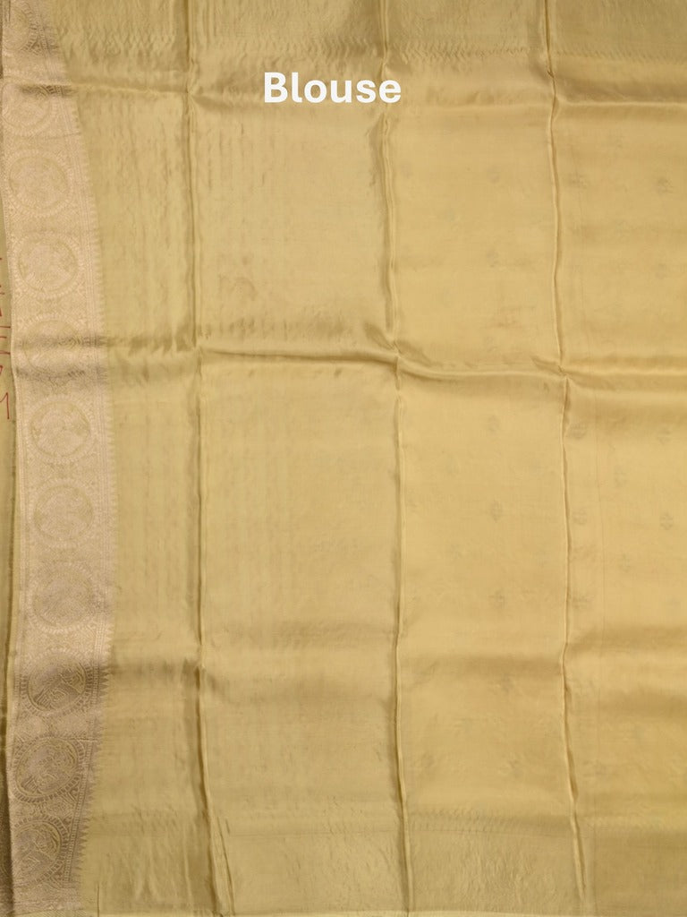 Tabby silk fancy saree beige color allover zari motifs & zari border with rich pallu and plain blouse