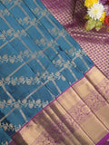Kanchi pattu saree sky blue color allover zari weaves & zari border with rich pallu and contrast plain blouse