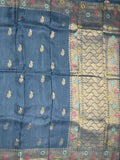 Jute matka fancy saree peacock blue color allover zari weaves & zari border with weaving pallu and plain blouse