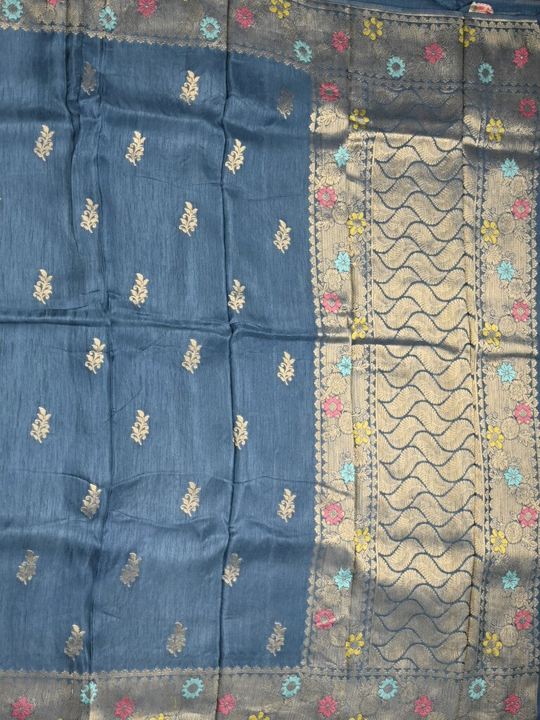 Jute matka fancy saree peacock blue color allover zari weaves & zari border with weaving pallu and plain blouse