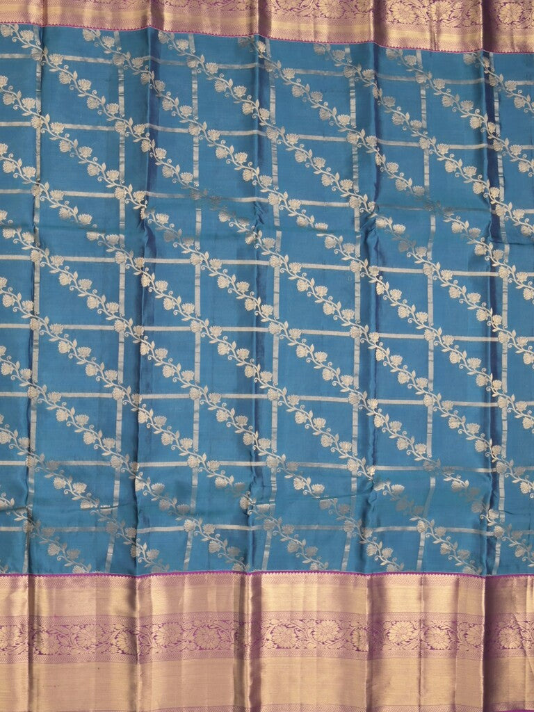 Kanchi pattu saree sky blue color allover zari weaves & zari border with rich pallu and contrast plain blouse