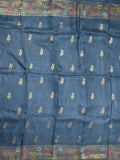 Jute matka fancy saree peacock blue color allover zari weaves & zari border with weaving pallu and plain blouse