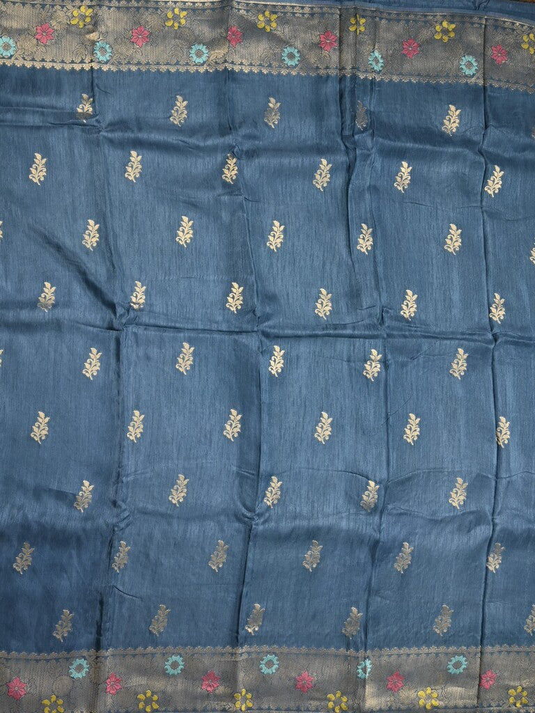 Jute matka fancy saree peacock blue color allover zari weaves & zari border with weaving pallu and plain blouse