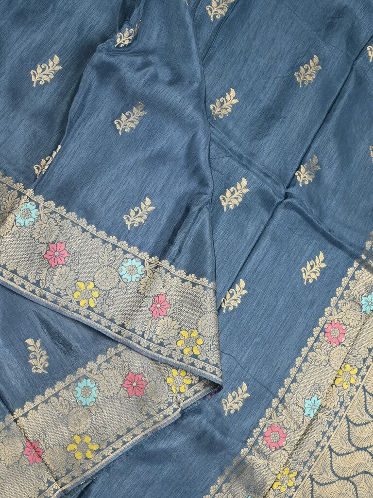 Jute matka fancy saree peacock blue color allover zari weaves & zari border with weaving pallu and plain blouse