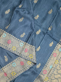 Jute matka fancy saree peacock blue color allover zari weaves & zari border with weaving pallu and plain blouse