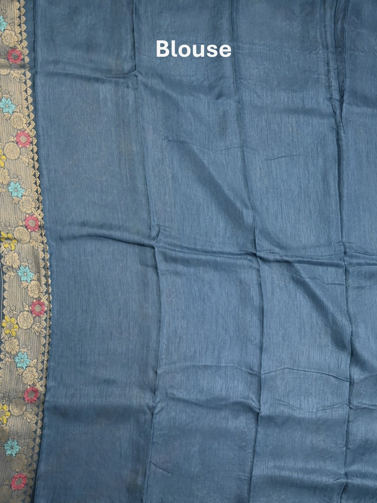 Jute matka fancy saree peacock blue color allover zari weaves & zari border with weaving pallu and plain blouse