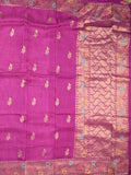 Jute matka fancy saree magenta color allover zari weaves & zari border with weaving pallu and plain blouse