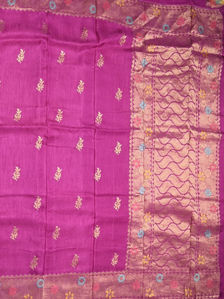 Jute matka fancy saree magenta color allover zari weaves & zari border with weaving pallu and plain blouse