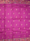 Jute matka fancy saree magenta color allover zari weaves & zari border with weaving pallu and plain blouse