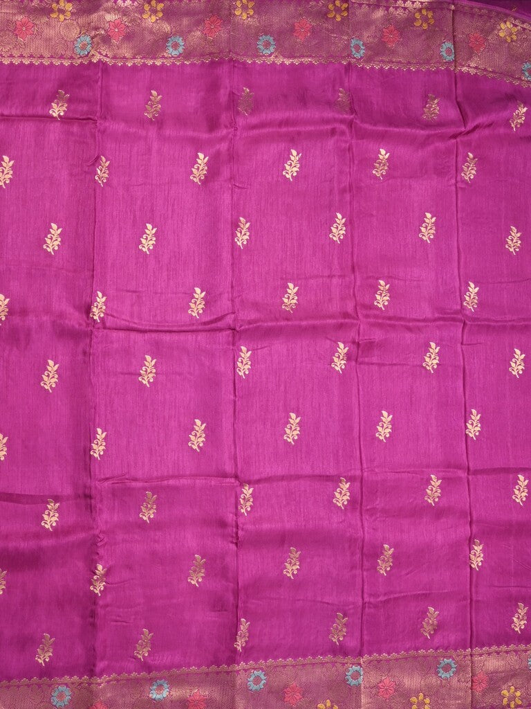 Jute matka fancy saree magenta color allover zari weaves & zari border with weaving pallu and plain blouse