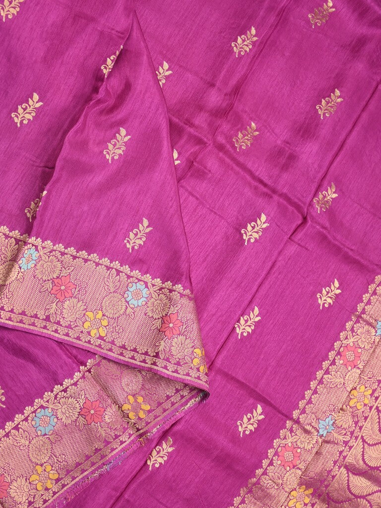 Jute matka fancy saree magenta color allover zari weaves & zari border with weaving pallu and plain blouse