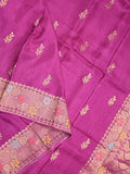 Jute matka fancy saree magenta color allover zari weaves & zari border with weaving pallu and plain blouse
