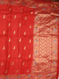 Jute matka fancy saree red color allover zari weaves & zari border with weaving pallu and plain blouse
