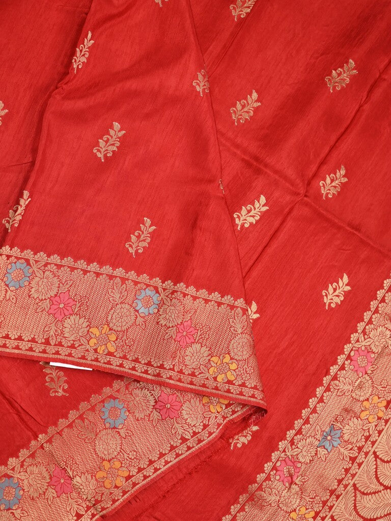 Jute matka fancy saree red color allover zari weaves & zari border with weaving pallu and plain blouse