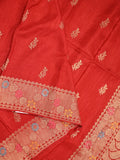Jute matka fancy saree red color allover zari weaves & zari border with weaving pallu and plain blouse