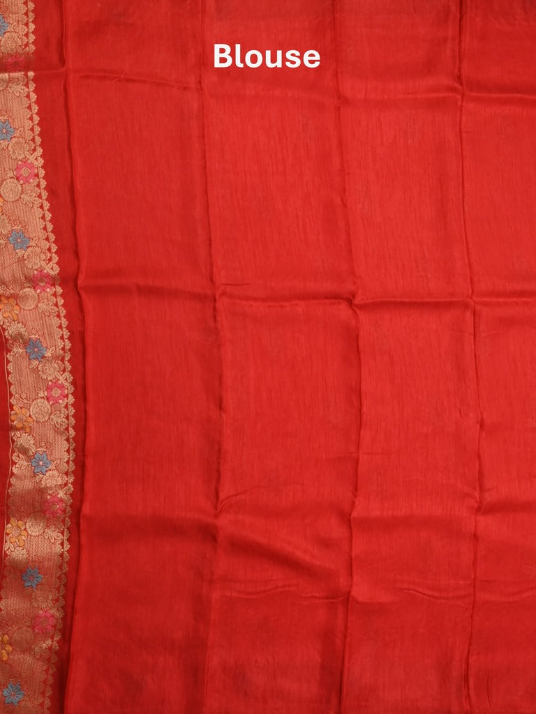 Jute matka fancy saree red color allover zari weaves & zari border with weaving pallu and plain blouse