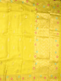 Jute matka fancy saree bright yellow color allover zari weaves & zari border with weaving pallu and plain blouse