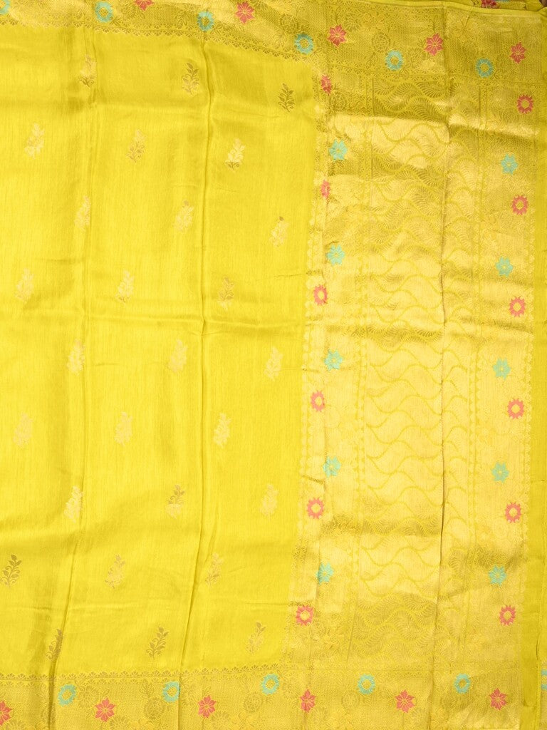 Jute matka fancy saree bright yellow color allover zari weaves & zari border with weaving pallu and plain blouse
