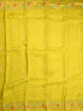 Jute matka fancy saree bright yellow color allover zari weaves & zari border with weaving pallu and plain blouse