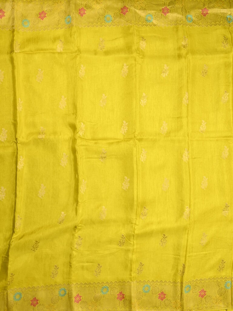 Jute matka fancy saree bright yellow color allover zari weaves & zari border with weaving pallu and plain blouse