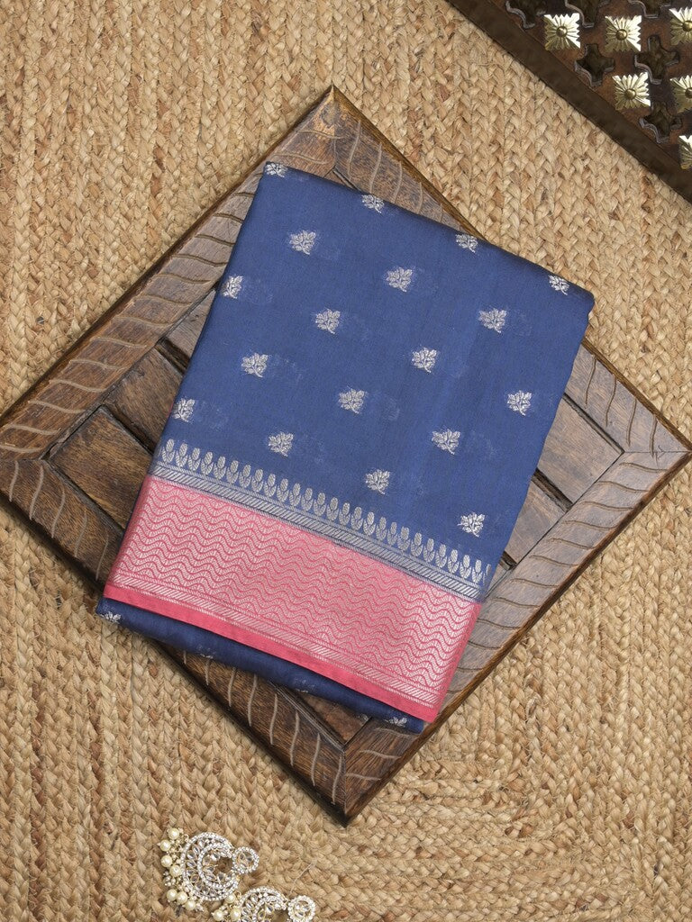 Maheshwari fancy saree with allover zari motifs & zari border with contrast blouse