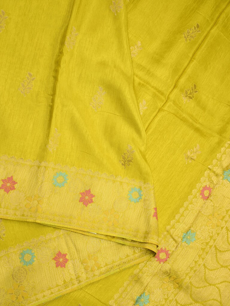 Jute matka fancy saree bright yellow color allover zari weaves & zari border with weaving pallu and plain blouse