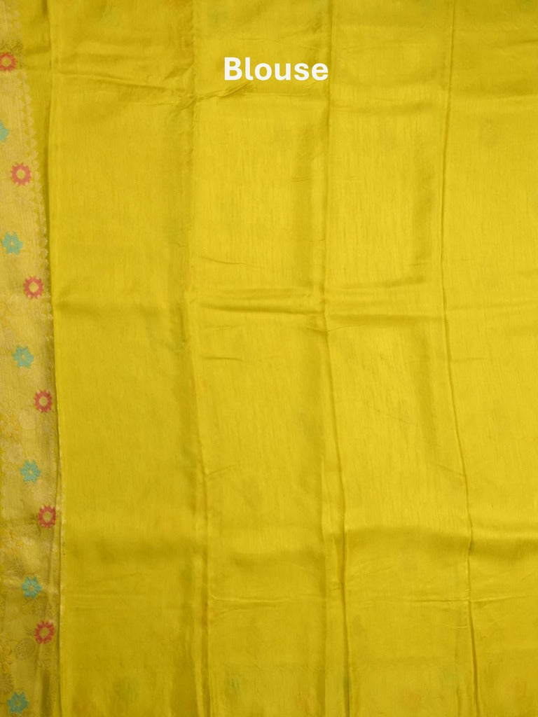 Jute matka fancy saree bright yellow color allover zari weaves & zari border with weaving pallu and plain blouse