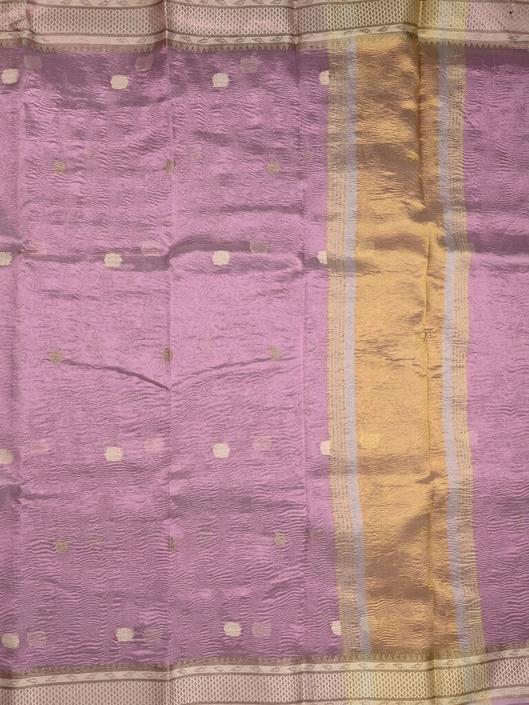 Tissue crush fancy saree purple color allover motifs & zari border with short zari pallu and tissue blouse