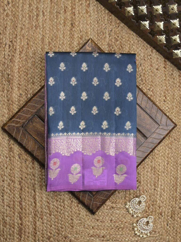 Green mango fancy sarees with allover zari detailing and attached contrast blouse