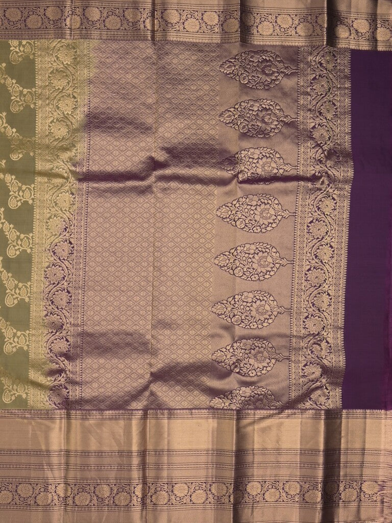 Kanchi pattu saree light olive green color allover zari weaves & zari border with rich pallu and contrast plain blouse