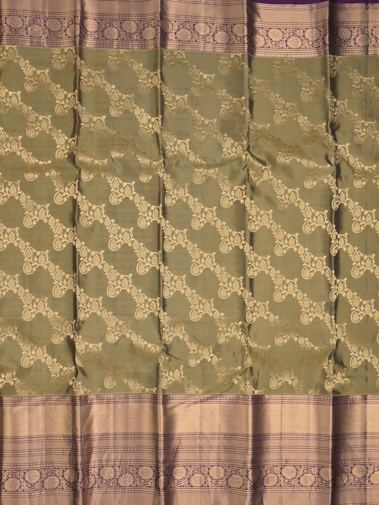 Kanchi pattu saree light olive green color allover zari weaves & zari border with rich pallu and contrast plain blouse