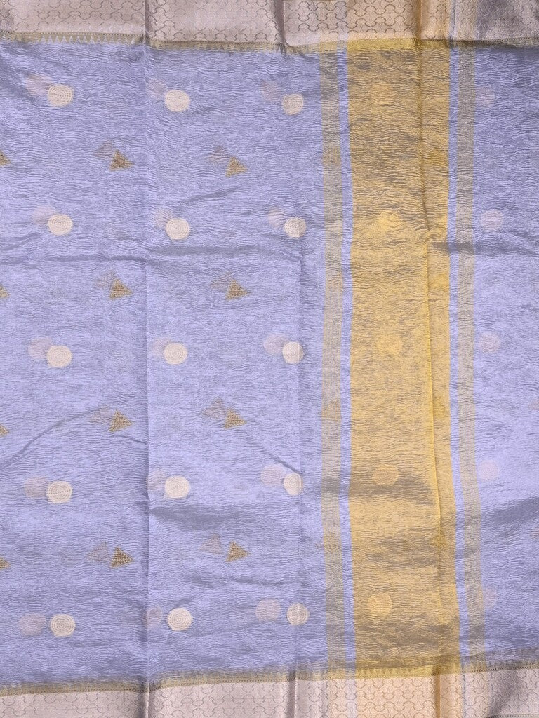Tissue crush fancy saree light blue color allover motifs & zari border with short zari pallu and tissue blouse