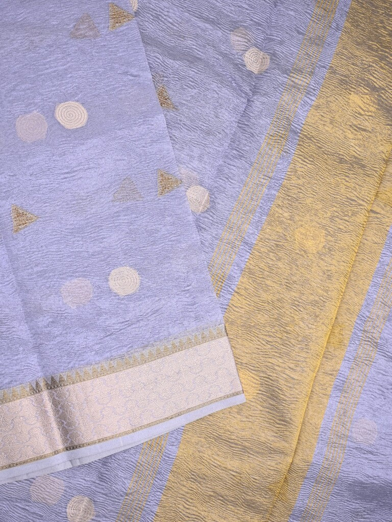 Tissue crush fancy saree light blue color allover motifs & zari border with short zari pallu and tissue blouse