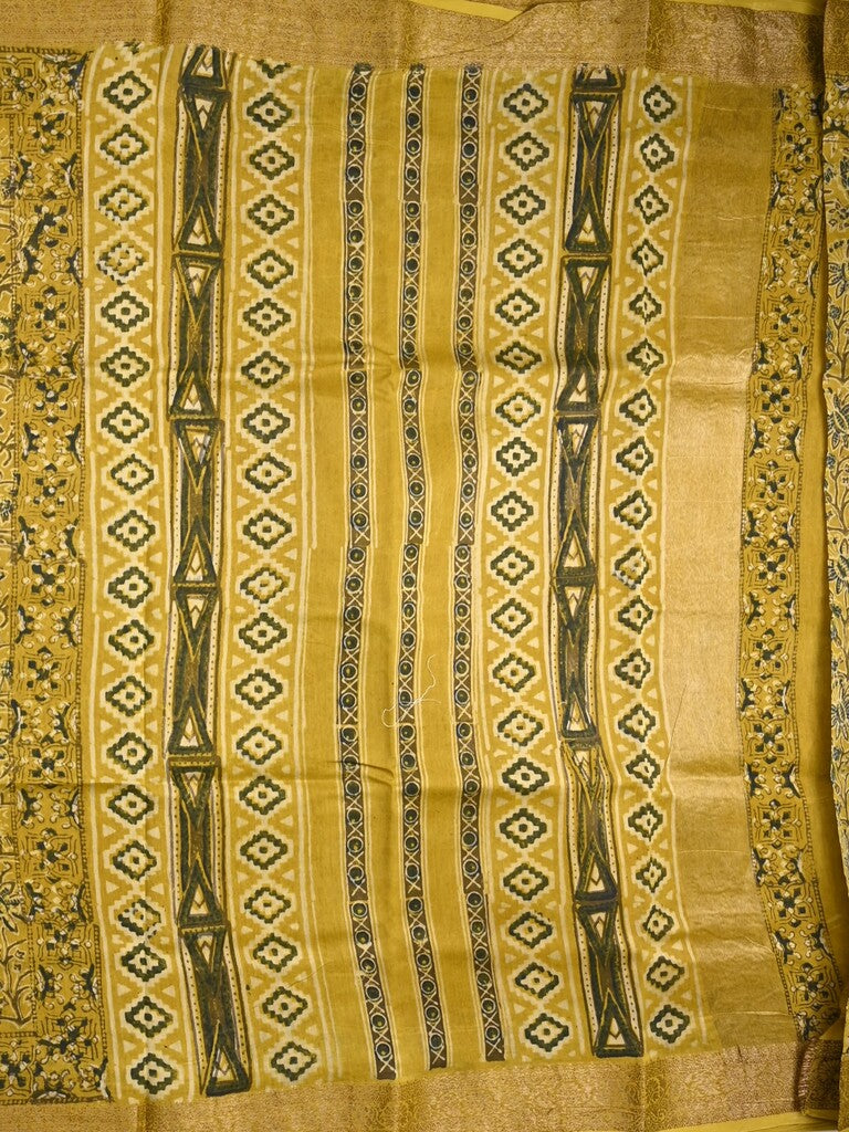Maheshwari fancy saree mustard yellow color allover prints & zari border with printed pallu and printed blouse
