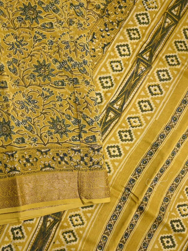 Maheshwari fancy saree mustard yellow color allover prints & zari border with printed pallu and printed blouse