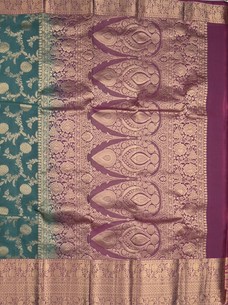 Kanchi pattu saree peacock blue color allover zari weaves & zari border with rich pallu and contrast plain blouse