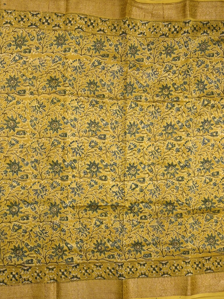 Maheshwari fancy saree mustard yellow color allover prints & zari border with printed pallu and printed blouse