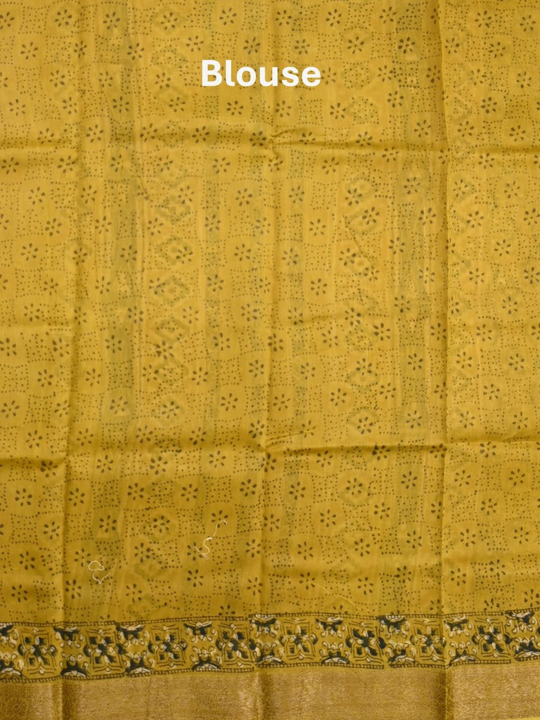 Maheshwari fancy saree mustard yellow color allover prints & zari border with printed pallu and printed blouse