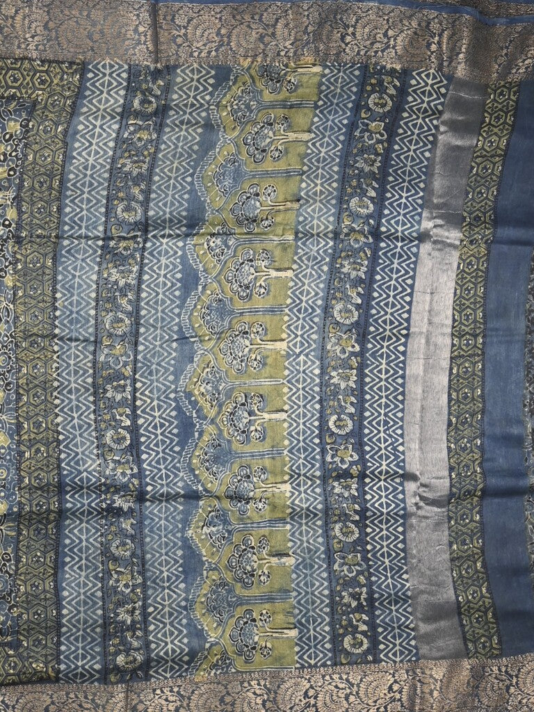 Maheshwari fancy saree navy blue color allover prints & zari border with printed pallu and printed blouse