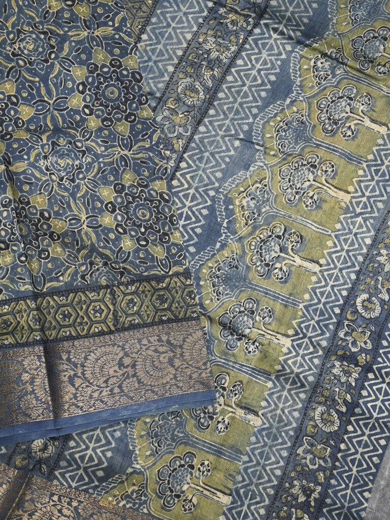 Maheshwari fancy saree navy blue color allover prints & zari border with printed pallu and printed blouse