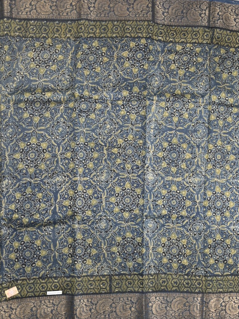 Maheshwari fancy saree navy blue color allover prints & zari border with printed pallu and printed blouse